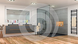 3d render of a modern bathroom with a large shower stall