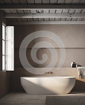 3d Render of modern bathroom with plaster wall and white bathtub.