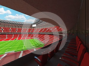 3D render of modern beautiful round rugby stadium with red seats and VIP boxes