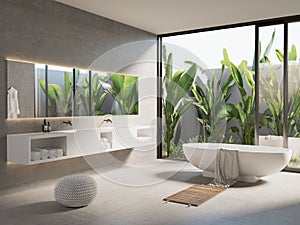 3d render of a modern  concrete bathroom with a a bathtub and a garden view