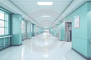 3d render of modern hospital corridor with blue walls and white floor, Empty modern hospital corridor background, Clinic hallway