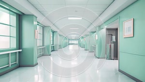 3d render of modern hospital corridor with blue walls and white floor, Empty modern hospital corridor background, Clinic hallway