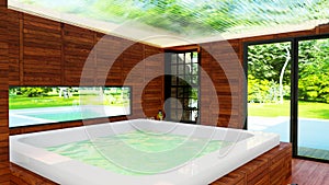 3D render of Modern hot tup and spa wooden cover
