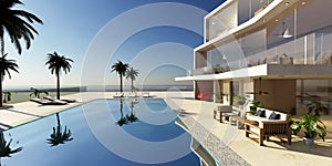 3D render of modern house with big swimming pool