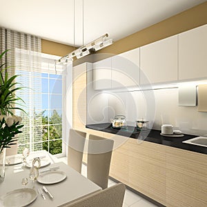 3D render modern interior of kitchen