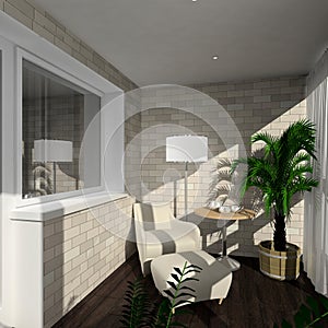 3D render modern interior of verandah