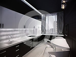 3d render of a modern kitchen in an city apartment. Kitchen interior design with black cabinets below and white cabinets