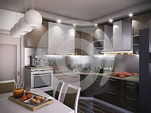 3d render of a modern kitchen in an city apartment. Kitchen interior design with brown woods cabinets