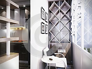 3d render of a modern kitchen in an city apartment. Kitchen interior design with brown woods cabinets