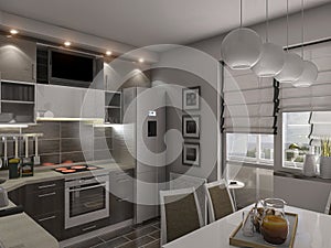 3d render of a modern kitchen in an city apartment. Kitchen interior design with brown woods cabinets