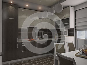 3d render of a modern kitchen in an city apartment. Kitchen interior design with brown woods cabinets