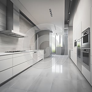 3d render of modern kitchen in a house with white and gray walls