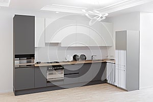 3d render of modern kitchen, white and graphite colors