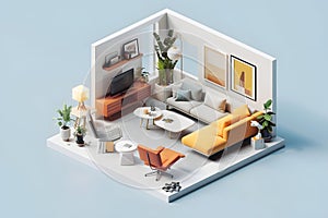 A 3D render of a modern living room with two couches, a coffee table, a potted plant, a bookshelf, and various decorative items.