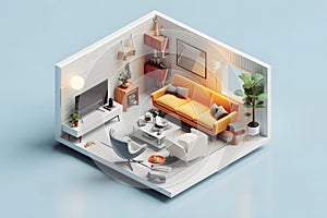 A 3D render of a modern living room with two couches, a coffee table, a potted plant, a bookshelf, and various decorative items.