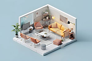 A 3D render of a modern living room with two couches, a coffee table, a potted plant, a bookshelf, and various decorative items.
