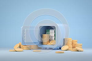 3d Render Modern Minimal Privacy Safe Box Storage Vault Opening Cash Bank and Coins On Blue Pastel Illustration Backgrounds 3d