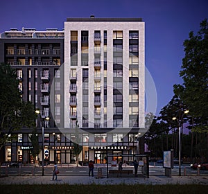 3d render of a modern multistory city building with restaurants and shops in the evening