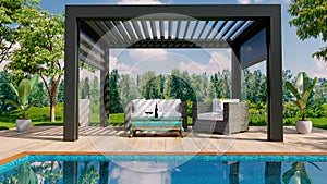 3D render of modern pergola on outdoor terrace