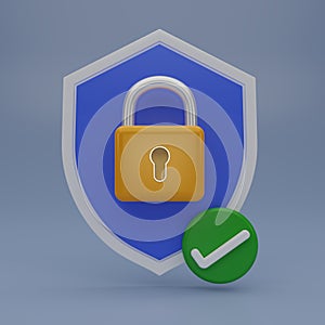 3D render Modern Shield with padlock and check mark icon on blue background. Security shield symbols. Security shields logotypes
