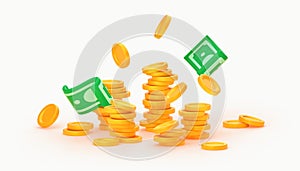 3d render money pile, gold coins stack, banknotes