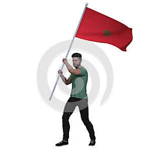 3D Render : a Moroccan man is holding and waving the Morocco Country flag to cerebrate an important event