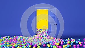 3D render. Multicolored balloons and balls fall outside the open blue door. A bright yellow light shines inside the room. Party