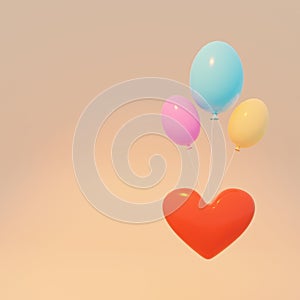 3d render. multicolored balloons carry a red heart, warm orange background
