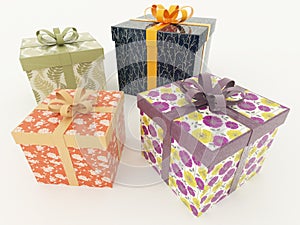 3D render of multicolour wrapped holiday presents with ribbons on white background