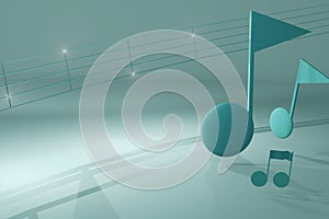3d render of music notes and staff with shining highlights on a pastel blue background