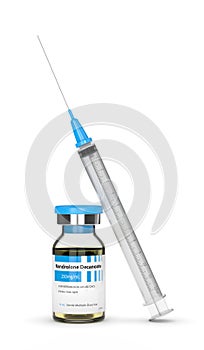 3d render of nandrolone decanoate vial with syringe