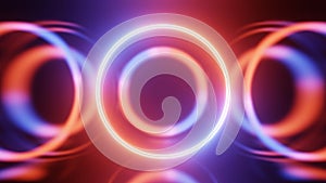 3D render neon circle. Blue and red neon circles abstract futuristic hi-tech background