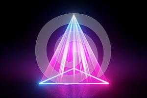 3d render, neon light abstract background, pink laser rays projecting triangular geometric shape on the stage floor.