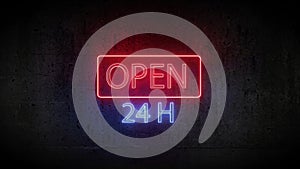 3d render of neon sign open 24 hours on the wall