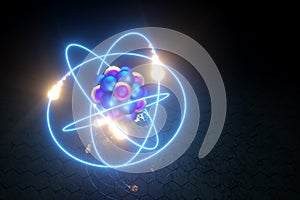 3D render nuclear fusion, there is a nuclear fission, pure energy. Copy space
