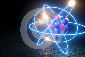 3D render nuclear fusion, there is a nuclear fission, pure energy. Copy space