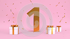 3D render number of Happy Birthday 1 year. Anniversary of the birthday, gift elements. 3d illustration, pink color