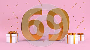 3D render number of Happy Birthday sixty-nine years. Anniversary of the birthday, gift elements. 3d illustration, pink color