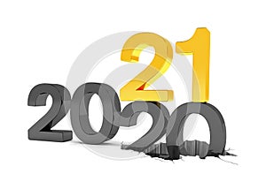 3d render of the numbers 2020 and 21 in black and gold over white background