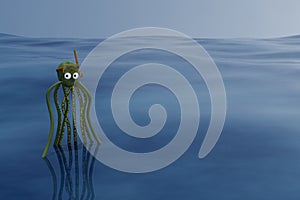 3d render of octopus in ocean wearing goggles and snorkel