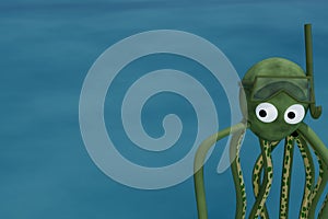 3d render ofoctopus in ocean wearing goggles and snorkel