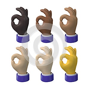 3d render. ok or okay hand icons with various skin tones in cartoon vector style