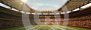 3D render of open air American football empty stadium with blurred tribunes with fans and cloudy sky. Daytime game