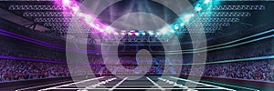 3D render of open air American football empty stadium with neon illumination and blurred tribunes with fans and starry