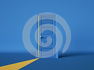 3d render, open blue door isolated on blue background, yellow light going through the slot. Architectural design element.