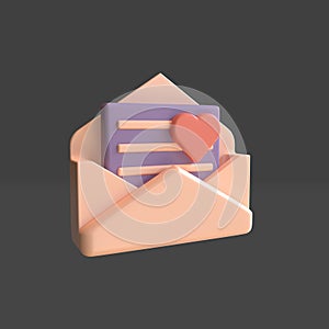 3d render open envelope containing love letter with soft pastel color