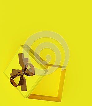 3d render. Open golden gift boxe in the yellow room.