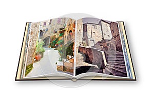 3D render of an opened photo book of Pitigliano Village, Italian