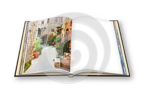 3D render of an opened photo book of Pitigliano Village, Italy
