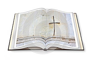 3D render of an opened photobook with christian iron cross on a